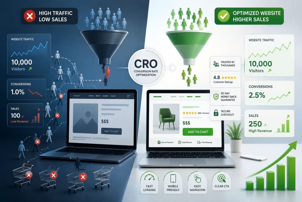 High website traffic but low sales infographic showing how Conversion Rate Optimization (CRO) improves conversions, customer trust, user experience, and revenue growth