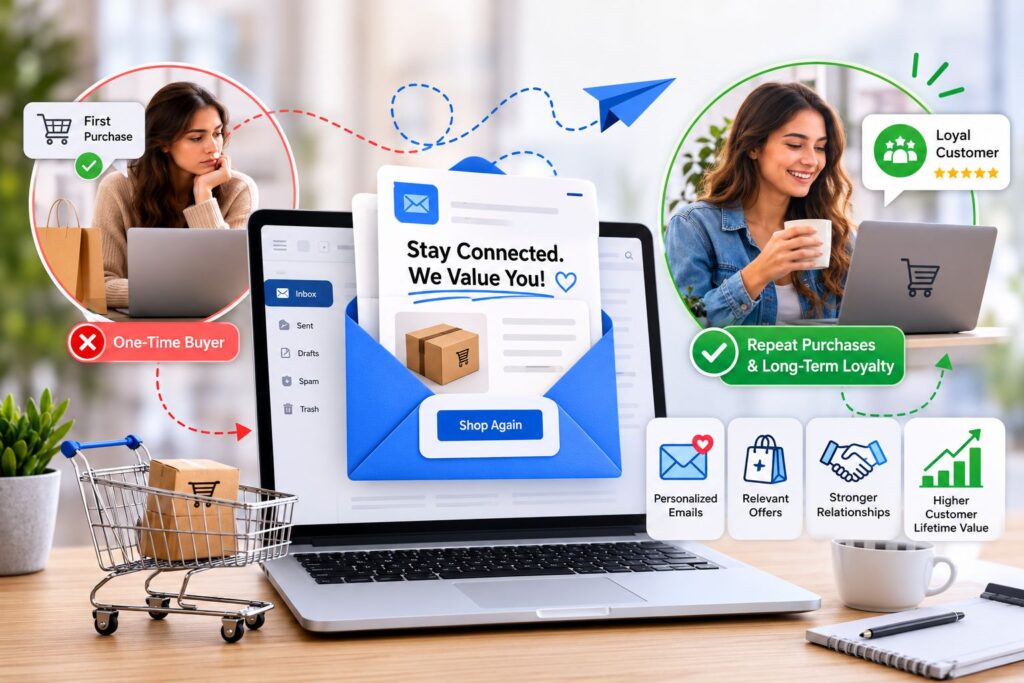 Email marketing automation helps convert one-time buyers into loyal repeat customers through personalized post-purchase communication, increasing retention, engagement, and customer lifetime value.