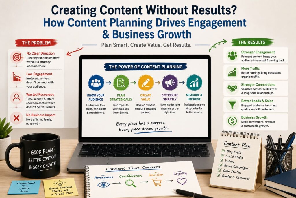 Content planning strategy illustration showing how structured content creation, audience research, and performance tracking improve engagement, increase website traffic, generate leads, and support long-term business growth.